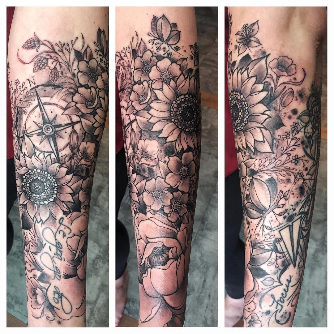 Flowers and Compass Tattoo